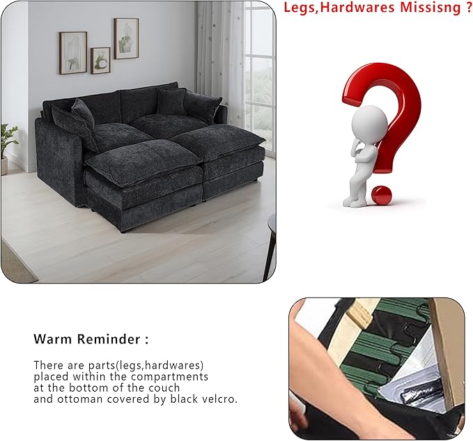 Setawix Deep Loveseat Couch with Ottomans,Large 2 Seater Lounger Cloud Couches for Living Room,77.16" Chenille Cloud Sofas with Deep Seat,Modular Sectional Sleeper Sofa for Bedroom (Black, 2+2)