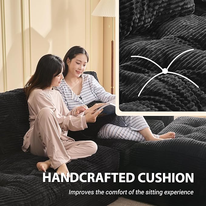 Modular Sectional Sofa, 102” L-Shaped Corduroy Couch with Ottoman, Deep Seat Comfy Sectional for Living Room, Set of Soft Upholstered Cloud Couch for Apartment, Black