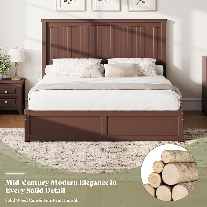 AMERLIFE Solid Wood King Size Storage Bed Frame with Headboard, Platform Bedframe with 2 Storage Drawers, Beadboard Design & Wooden Slats/No Box Spring Needed/Noise-Free, Espresso Brown Finish