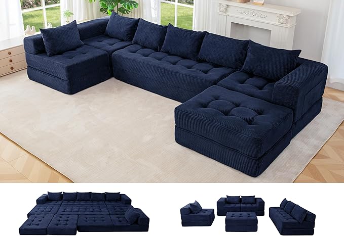 MAXYOYO Modular Sectional Sofa Couch, Foldable U Shaped Cloud Couch with Pillows, Tufted 7-Seat Boneless Sleeper Lounger Floor Sofa Bed for Living Room, No Assembly Required, Navy