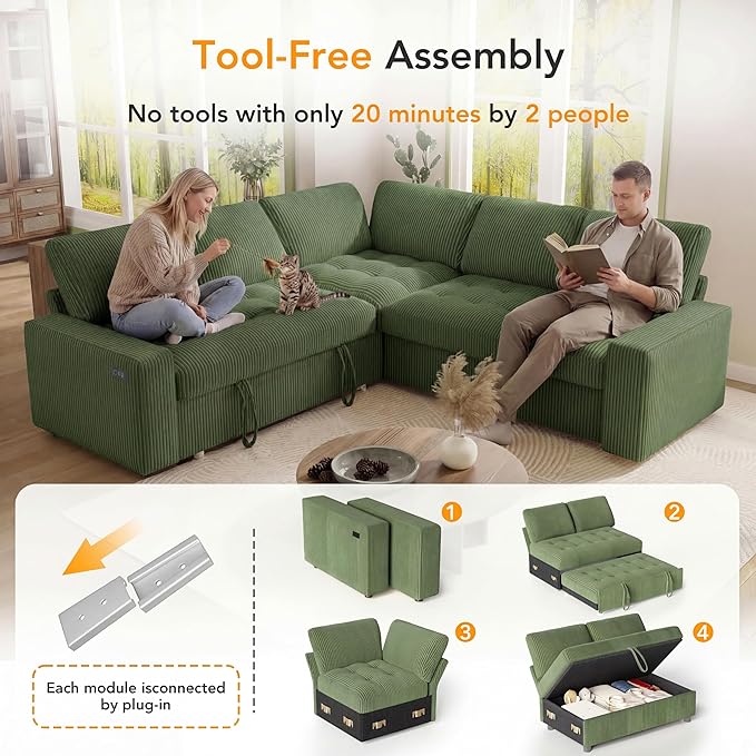 Vipbear Pull Out Sofa Bed Sectional Sleeper Sofa with Reclining Backrest & Storage, Plush Pullout Modular Sectional Couches with USB Charging, L Shaped Convertible Couch Bed for Apartment, Green | Breathable material, Tool-Free Assembly