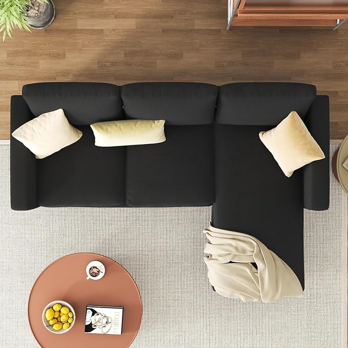 JAMFLY Couches for Living Room, 3-Seat Reversible Sectional Sofa with Convertible Ottoman, Modern Ribbed Fabric L-Shaped Couch for Small Apartment, Studio & Office, Easy Assembly, Black