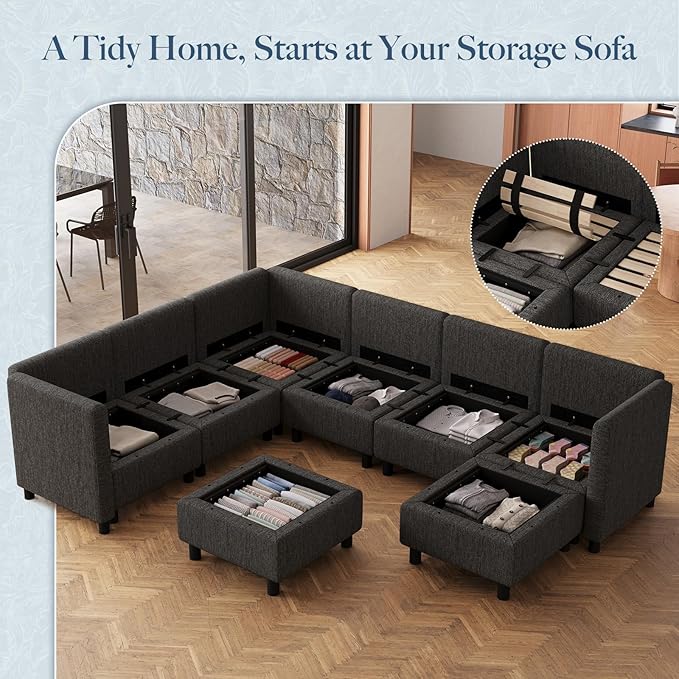 Belffin 107.1" 8 Seats U Shaped Couch Modular Sectional Sofa Seat Couch with Storage Comfy Washable Sectional Couches for Living Room Sofas Set with Chaise,Dark Grey
