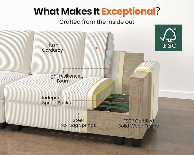 CHIC HOUSE Middle Module for Modular Couch, Corduroy Customizable Chaise, Storage Ottoman for Sectional Sofa, Armrest, Single/Double Seater