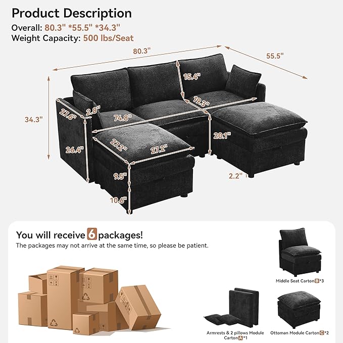 80" Cloud Modular 3 Seater Sofa with 2 Storage Ottoman, Modern Upholstered Storage Sofa Couch Deep Seat, U Shape Sectional Sofa Chenille Comfy Couch with Armrests for Living Room, Small Space, Black | Modular Sofa, Storage Ottoman, Upholstered Sofa, Se...