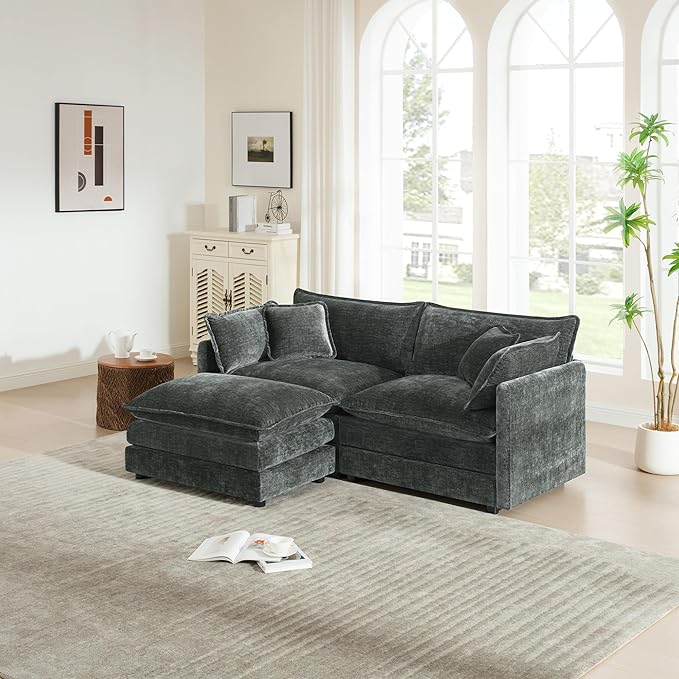 mikibama Modular Sectional Sofa, 76.4 Inch L Shaped Couch Set for Living Room, Loveseat Comfy Cloud Couches with Movable Ottoman, DIY Combination, Chenille, Grey