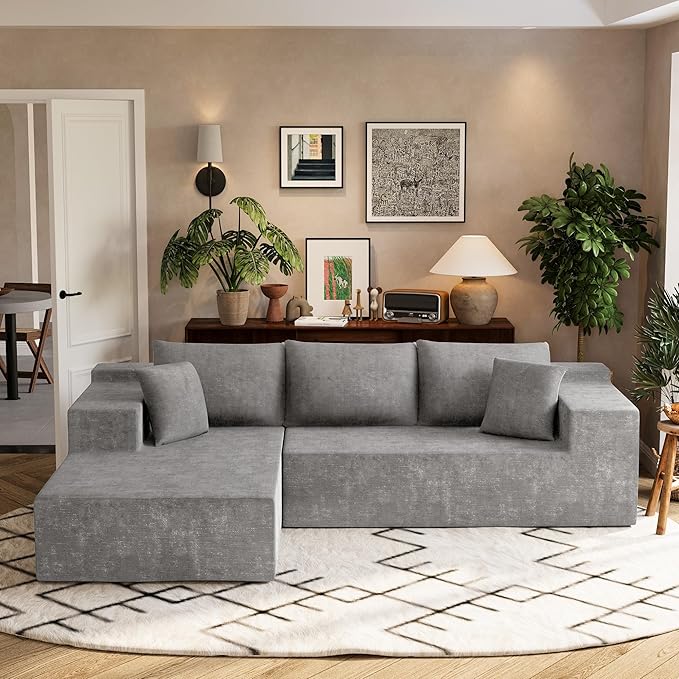 Homall 108" Modular Sectional Sofa, Boneless Couch with L-Shape Chaise, Cloud Couch with Deep Seat Upholstered, No Assembly Required for Living Room, Bedroom (Chenille, Grey)