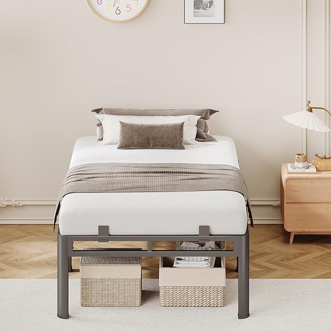 Twin Size Bed Frames 24 Inch Tall, No Box Spring Needed, Double Layer Heavy Duty Metal Platform, Bed Frames with Headboard Holes,Round Corner Legs, Mattress Slide Stopper, Easy Assembly