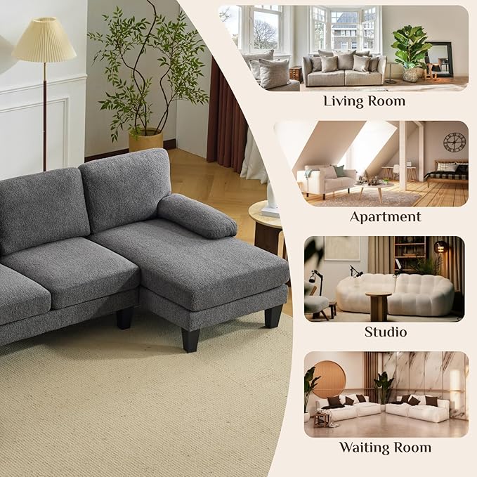 Karl home 110" U-Shape Sectional Couches for Living Room Chenille Upholstery 4 Seat Sofa Set with Double Chaises & Wood Grain Legs for Apartment, Dark Grey