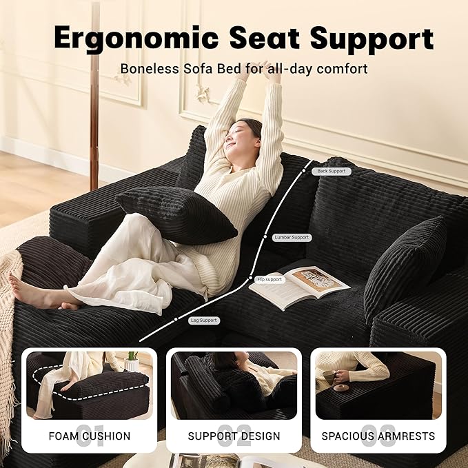 74.8” Set of Cloud Couch, Modular Loveseat Sofa, Convertible Sofas Bed, Deep Seat Sofa, Cozy Sofa for Living Room, Office and Bedroom, L Shaped Cozy Sofa Furniture Set, Corduroy, Black