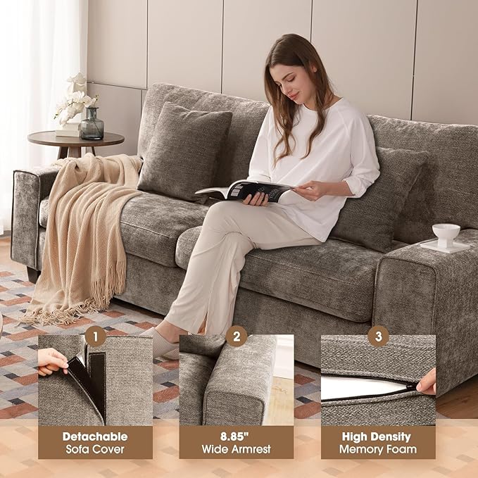 DOPEDIO Modern Loveseat Sofa for Living Room,Chenille Recliner, Removable Cover, Spring Cushions, Solid Wood Frame, Easy Assembly for Small Spaces (71.25inch，Brown)