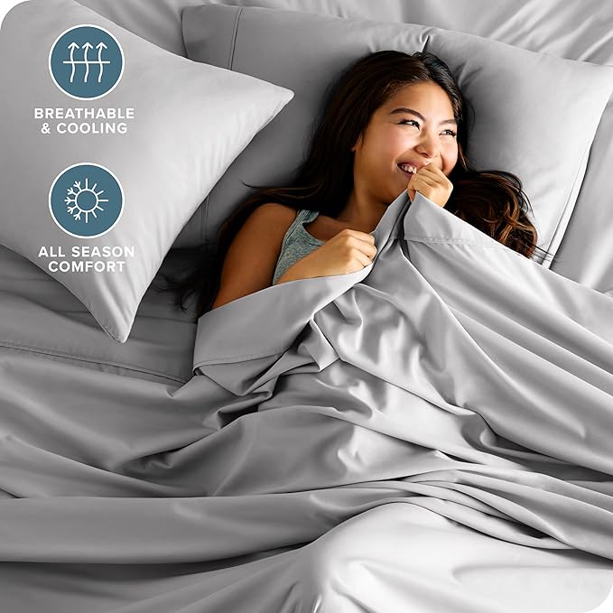 Bare Home Split Head Flex King Sheet Set - 1800 Ultra-Soft Microfiber Bed Sheets - Double Brushed - Deep Pockets - Easy Fit - 4 Piece Set - Bedding Sheets & Pillowcases (Light Grey)