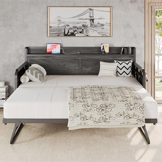 LIKIMIO Twin Daybed, Day Beds with Pop Up Trundle, Storage Headboard with Charging Station, Strong Supports for Apartment and Other Small Space, Charcoal Grey