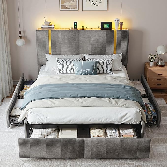 Homkdom Full Size Bed Frame with Headboard & 6 Storage Drawers,Soft Upholstered Bed Frame Full with LED Light & Charging Station,1200-LB Heavy Duty Metal Support,Modern,Grey