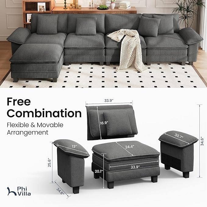 PHI VILLA Cloud Modular Couch Sets, 157.5" Sectional Sofa with L-Shaped Chaise, 5-Seater Upholstered Couches with Movable Ottoman for Living Room, Corduroy Fabric, Grey