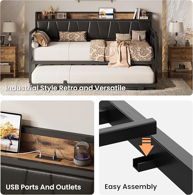 LIKIMIO Daybed with Trundle Bed, Twin Bed Frame with Storage Headboard and Charging Station, Sofa Day Bed with Strong Supports for Living Room, Bedroom, and Guest Room, Black