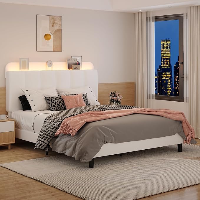 BarnFurin Full Size Bed Frame with Upholstered Headboard and LED Lights, Platform Bed Frame Full with Storage, Noise-Free, No Box Spring Needed, Easy Assembly, White