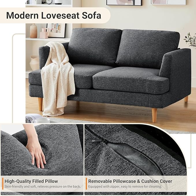 Loveseat Sofa 56" Mid Century Modern Small Couches for Small Spaces Love Seat with 2-Seat Upholstered Cushion Sofa Couches for Bedroom, Living Room, Apartment (Dark Grey)