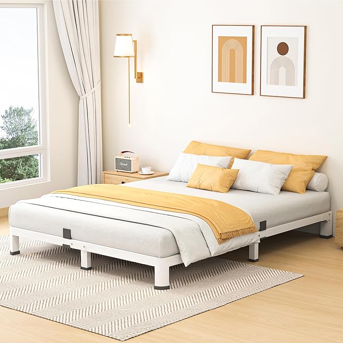 7 Inch Queen Bed Frame, Metal Platform Bed Frame with Round Corner Legs, 3500 lbs Heavy Duty Steel Slats Support, No Box Spring Needed, Noise Free, Easy Assembly, White