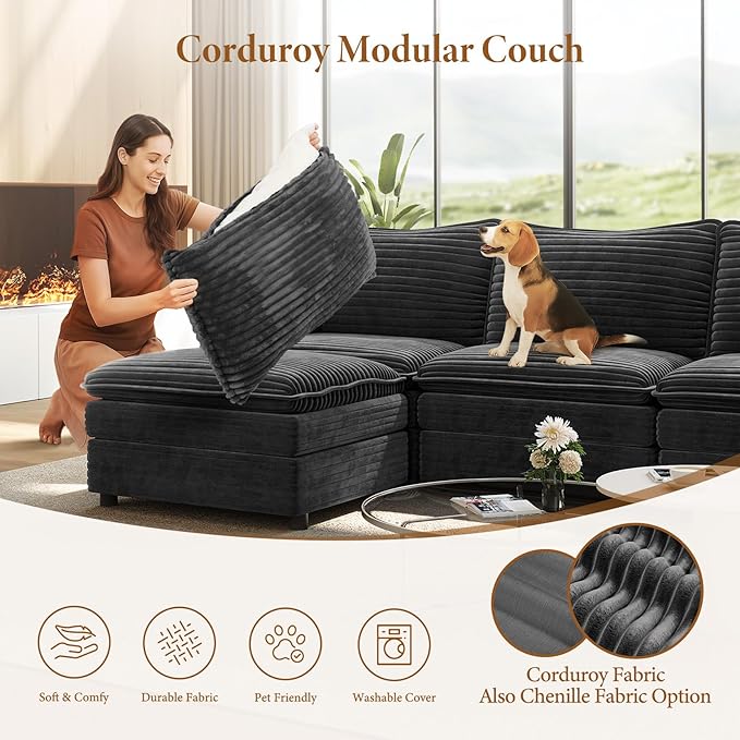 Vesgantti 108" Sectional Sleeper Sofa, 6-Seater Oversized Modular Cloud Couch with Movable Ottoman, Corduroy Large Sofa Bed Convertible Deep Seat Couches for Living Room, Bedroom and Apartment, Gray