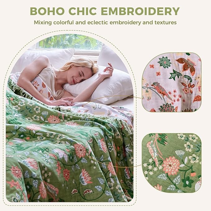 Boho Throw Blanket for Bed 100% Cotton Soft Breathable Quilt Room Decor Bed Blankets,Floral Garden Embroidery All Season Green Reversible Blankets for Sofa Couch Chair 80"x90"
