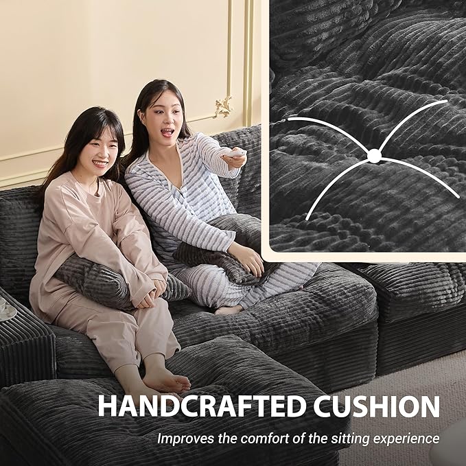 Modular Sectional Sofa, 102” L-Shaped Corduroy Couch with Ottoman, Deep Seat Comfy Sectional for Living Room, Set of Soft Upholstered Cloud Couch for Apartment, Gray