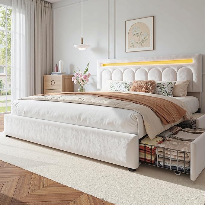 Homkdom King Size Bed Frame with 4 Storage Drawers, Upholstered King Bed Frame with Vertical Arched LED Headboard, Sturdy Wood Slats Support, No Box Spring Needed, Beige