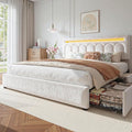 Homkdom King Size Bed Frame with 4 Storage Drawers, Upholstered King Bed Frame with Vertical Arched LED Headboard, Sturdy Wood Slats Support, No Box Spring Needed, Beige