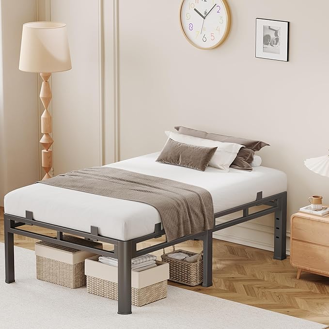 20 Inch Twin Bed Frames, Double Layer Heavy Duty Metal Bed Frames, Platform bedframe with Round Corner Legs, No Box Spring Needed, Headboard Holes, Easy Assembly