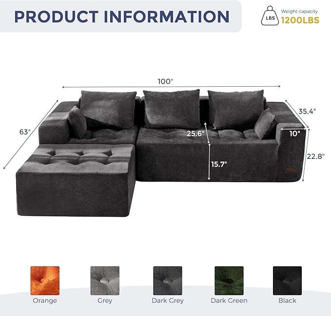 MAXYOYO Modular Sectional Sofa Couch, L Shaped Boneless Cloud Couch with Flexible Ottoman, Chenille Upholstered Living Room Sleeper Sofa Chair for Living Room, No Assembly Required, Dark Grey