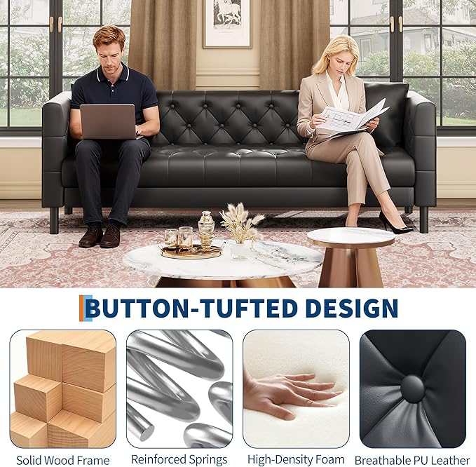 GarveeHome 78" Leather Couch for Living Room, Button-Tufted 3 Seater Sofa with 2 Pillows and Deep Seat, Modern Mid-Century Leather Sofa for Apartment, Office