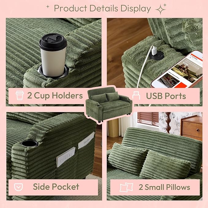 VINGLI Green Futon Sofa Bed Convertible Loveseat Sleeper Sofa Couch, Corduroy Pullout Sofa Fold Out Couch Bed with USB Ports, Cup Holders, Armrest for Living Room, Bedroom Apartment Room | Lveseat Sleeper