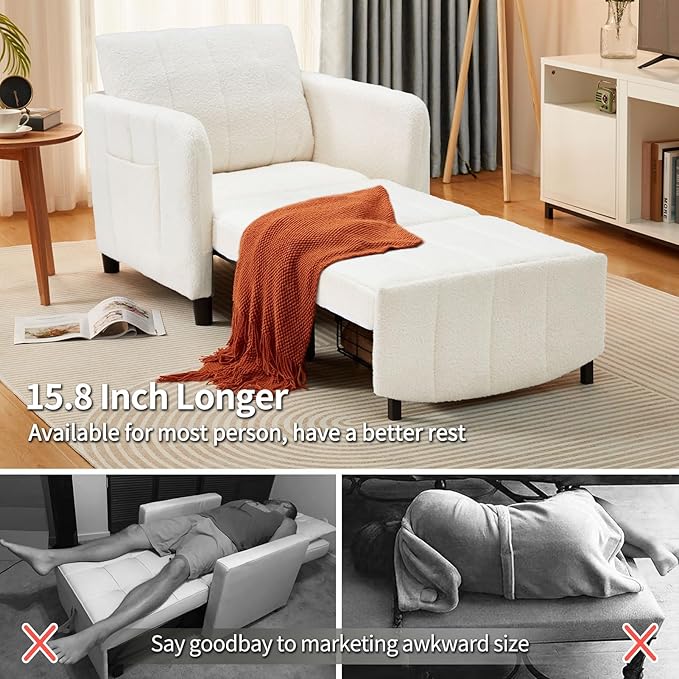 ZZW Sleeper Chair 84" Extra Long Convertible Chair Bed Upgraded 3-in-1 to 4-in-1 Pull Out Chair & Single Sofa Bed for Adult Sleeping Chair for Living Room & Small Space (White)