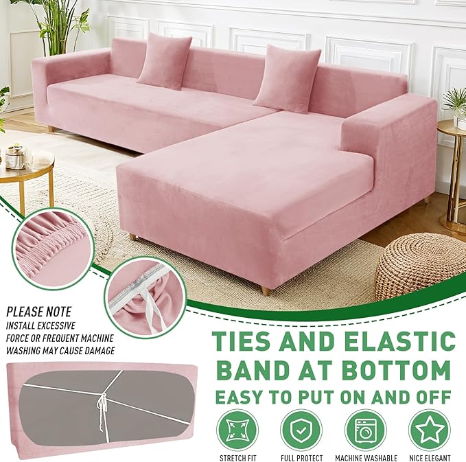 ZNSAYOTX 2026 Soft Velvet Sectional Couch Covers, Luxury Plush Slipcovers with Elastic Bottom for L Shape Sectional Sofa, 2 Pcs Pet Friendly Protector (3 Seat Couch + 3 Seat Chaise, Rose)