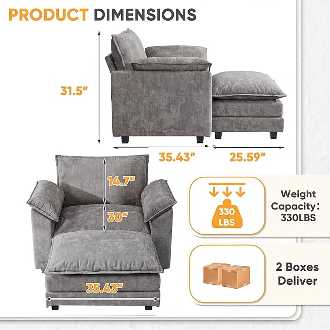 Single Chaise Lounge with 30'' Deep Seat & Movable Ottoman, Reading Chair with Wide Armrest, Chenille Cloud Couch Double Layer Cushion for Living Room, Office, Bedroom (Light Grey, Single Sofa Chair)