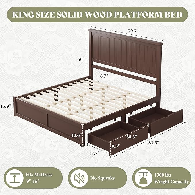 AMERLIFE Solid Wood King Size Storage Bed Frame with Headboard, Platform Bedframe with 2 Storage Drawers, Beadboard Design & Wooden Slats/No Box Spring Needed/Noise-Free, Espresso Brown Finish