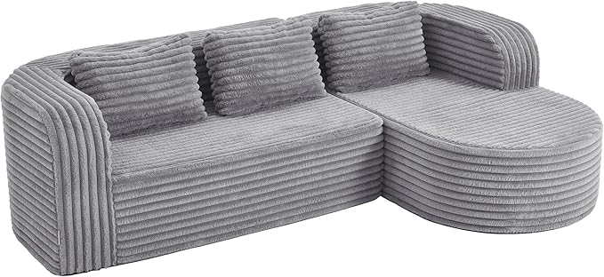 Hobestluk 96" Cloud Sectional Couch Modern Boneless Couch 3 Seater with Oversized Chaise L Shaped Modular Sofa for Living Room Apartment No Assembly Required (Stripe Lightgrey,Right Facing Chaise)