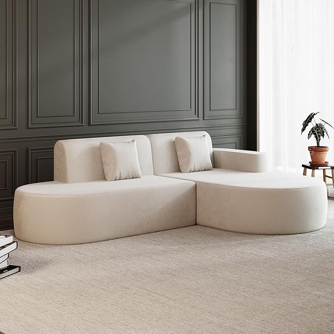 MELLCOM Modern Curved Boneless Sofa Couch, L-Shaped Corner Sofa, No Assembly Needed, Chenille Upholstered Cloud Sectional Couch for Living Room,Apartment and Bedroom (Beige, Right Hand Facing)