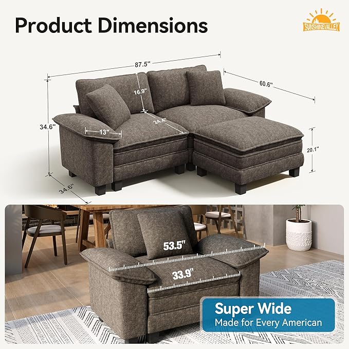 Sectional Loveseat with Ottoman, 87.5'' Oversized Chenille Love Seat Modular Sofa Couch with Pillow, 3-Seat Modern L Shaped Cloud Deep Seat for Bedroom Small Space, Smoky Grey
