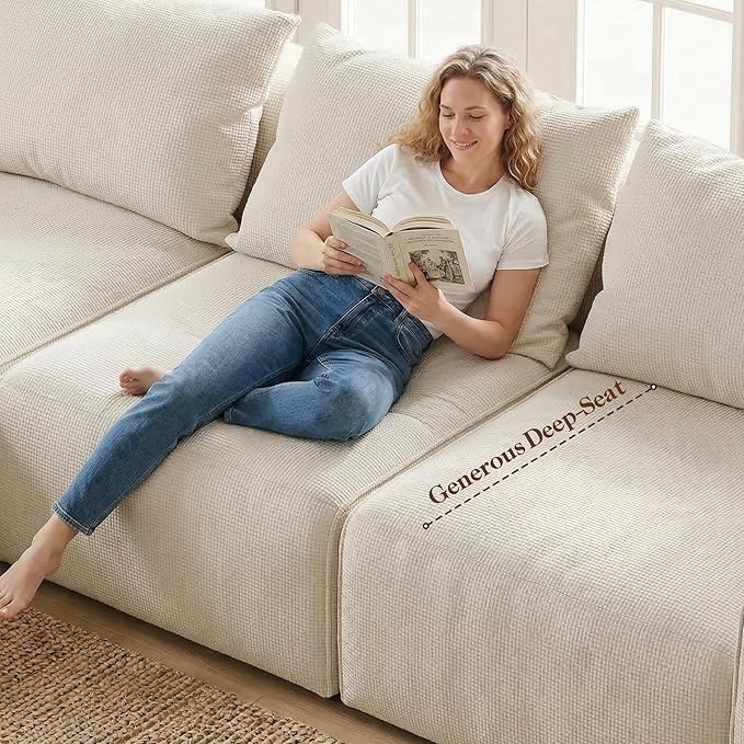 97”Modular Sectional Sofa, Cloud Sectional Couch with Deep Seat, Modern Modular L-Shape Sofa Couch, Upholstered Boneless Couches for Living Room Bedroom (White Check, Left Facing Chaise)