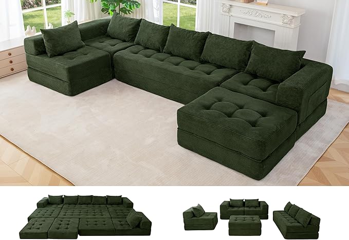 MAXYOYO Modular Sectional Sofa Couch, Foldable U Shaped Cloud Couch with Pillows, Tufted 7-Seat Boneless Sleeper Lounger Floor Sofa Bed for Living Room, No Assembly Required, Dark Green
