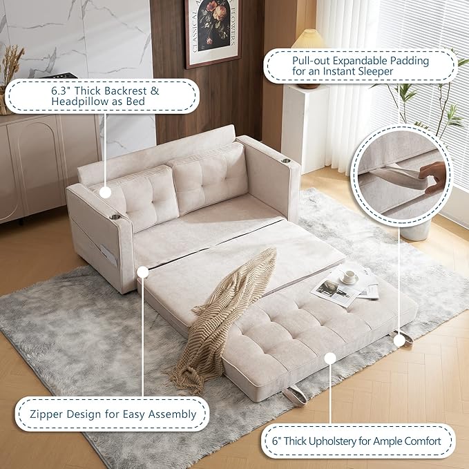 VINGLI Upgraded 64" W 84" L Full Size Futon Sofa Bed, 6" Thick Upholstery Chenille Loveseat Sofa Sleeper Pull Out Couch,Convertible Floor Couch for Living Room, Bedroom, Entertainment Room, Beige
