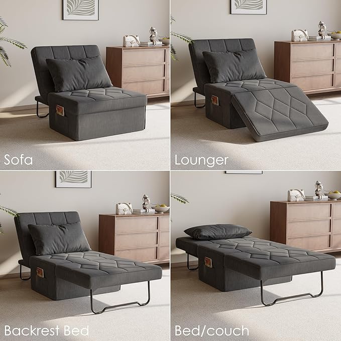 Convertible Sofa Bed with 5-Level Adjustable Backrest, 74" D x 28" W 4-in-1 Folding Ottoman Sleeper Chair Bed, Modern Single Futon Couch for Living Room Apartment Dorm Small Space, Dark Grey