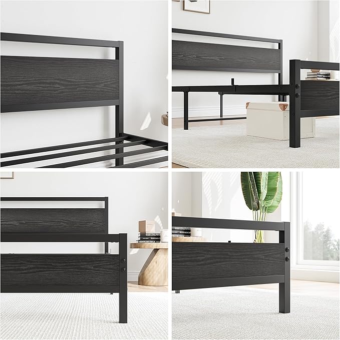 BOFENG Black King Size Bed Frame with Wood Headboard,Industrial Metal Platform Bed Frame King Size with Storage No Box Spring Needed,Strong Steel Slats Support,Easy Assembly