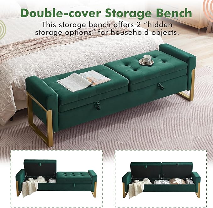 67" Storage Bench for Bedroom King Size, Velvet Upholstered End of Bed Storage Bench with Gold Legs, Double Lids Tufted Storage Ottoman Bench for Living Room,Entryway, Green