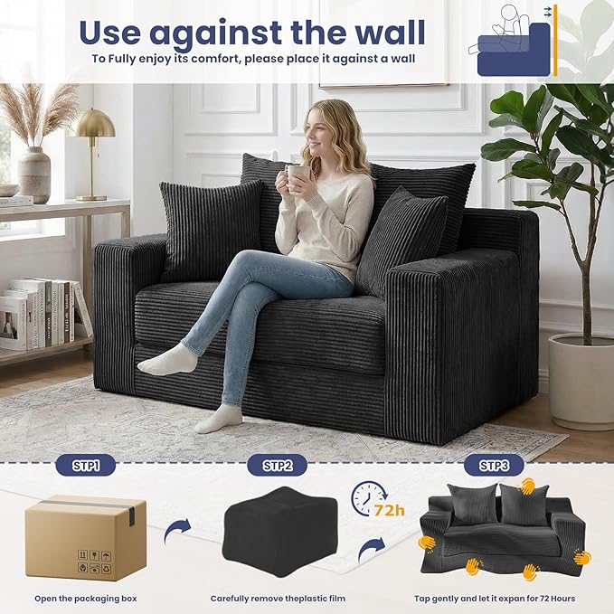 3-in-1 Convertible Sofa Bed: Boneless Loveseat Sleeper & Folding Couch Bed with 4 Pillows & Detachable Cushion for Bedroom, Small Space, Guest and Living Room, Corduroy Futon, No Assembly,Black