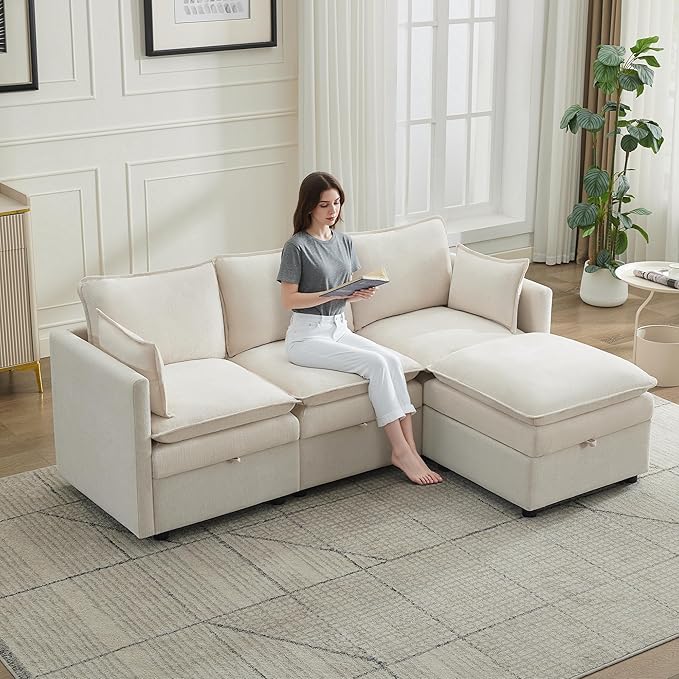 80" Cloud 3 Seater Sectional Modular Couch with Storage Ottoman, Upholstered Storage Sofa Deep Seat, Chenille L Shape Sofa Comfy Couches with Armrests for Living Room, Small Space, Beige