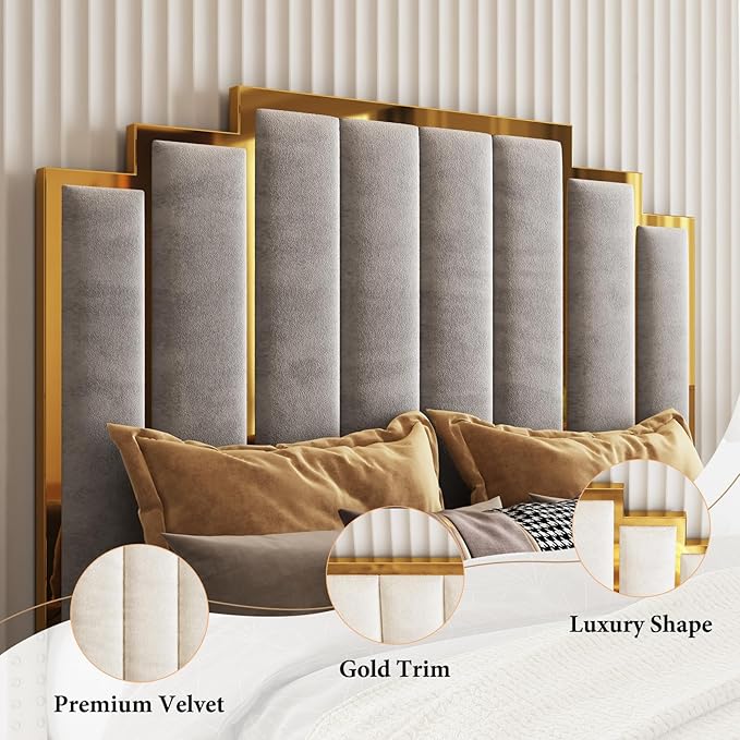 AMERLIFE Queen Size Upholstered Bed, Modern Velvet Bed Frame with 61.4” Tall Gold Trim Headboard, No Box Spring Needed, Grey