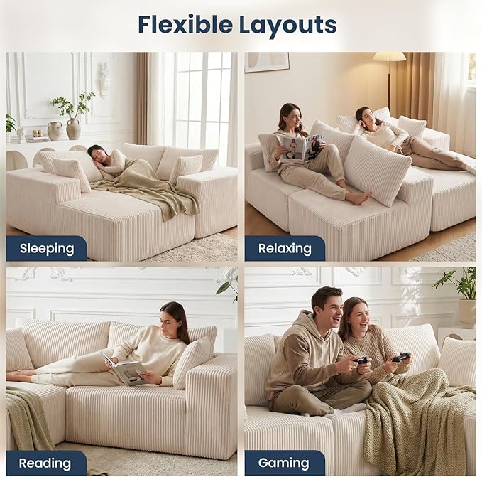 DUMOS 108” Modular Sectional Sofa, Cloud Sectional Couch with Deep Seat, Modern Modular L-Shape Sofa Couch with Chaise,Upholstered Boneless Couches for Living Room Bedroom (Beige,Left Facing Chaise)