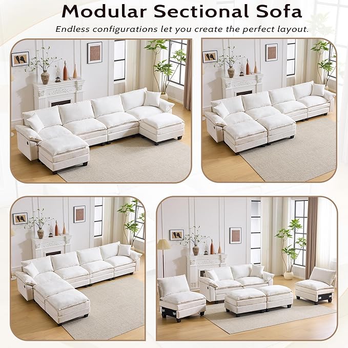 138" Modular Sectional Couch, U Shaped Comfy Cloud Couch with Ottoman and Throw Pillows, Modern Chenille Sofa Sleeper Deep Seat Sofa Couched for Living Room,Apartment(Beige)